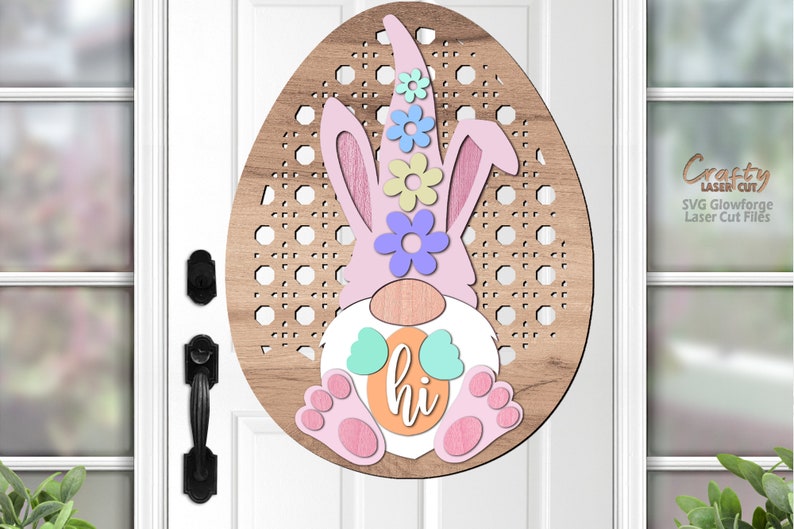 Easter Door Hanger SVG Laser Cut Files - Gnome Svg - Easter Egg SVG - Bunny Ears Svg - Rattan SVG - Welcome Sign SVG - Front Door Sign - Glowforge Files