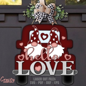 Valentine Door Hanger SVG - Gnome Svg - Arquivos cortados a laser - Hello Love SVG - Heart Svg - Sinal de boas-vindas Svg - Sinal de porta da frente - Arquivos Glowforge