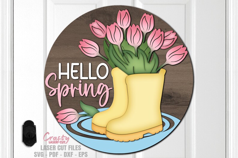 Hello Spring SVG - Rain Boots Door Hanger SVG - Spring Door Sign - Laser Cut File - Rain Boots SVG - Tulip Svg - Hello Spring SVG - Welcome Sign Svg - round door hanger - Glowforge File - cnc files