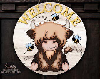 Highland Cow Door Hanger SVG Laser Cut Files: Bee Welcome Sign SVG, Glowforge