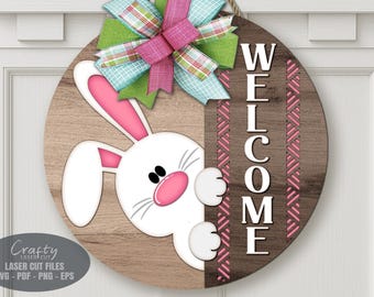 Easter Bunny Door Hanger SVG Laser Cut Files, Welcome Sign SVG, Glowforge, XTool