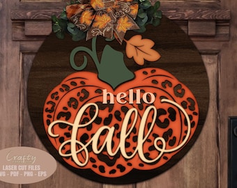 Leopard Print Pumpkin Door Hanger SVG Laser Cut Files: Hello Fall Welcome Sign SVG