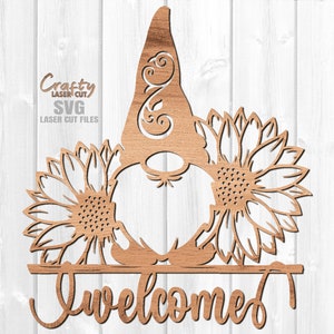 Gnome Door Hanger SVG - Arquivos cortados a laser - Gnome SVG - Girassol Svg - Sinal de boas-vindas SVG - Gnome Sign Svg - Sinal de porta da frente - Arquivos Glowforge