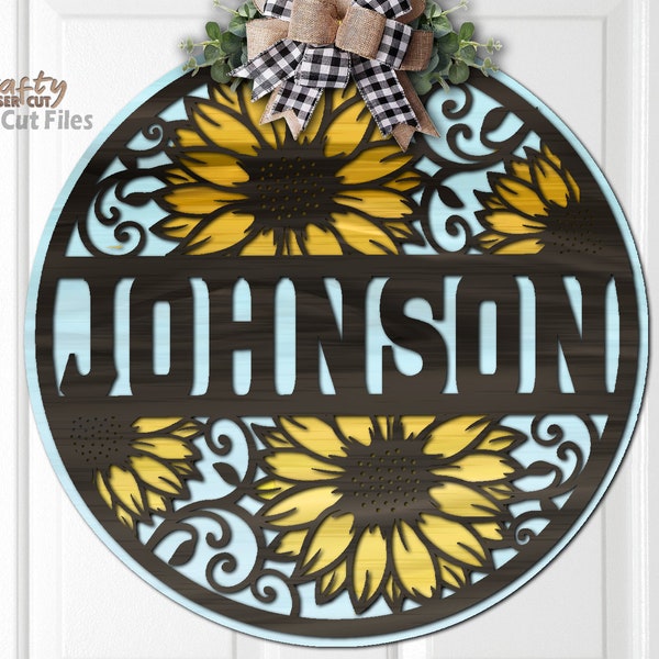 Accroche-porte tournesol SVG - fichiers découpés au Laser - tournesol SVG - monogramme SVG - plaque de porte d'entrée - panneau de bienvenue Svg - fichiers Glowforge Svg d'été