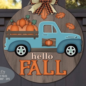 Hello Fall Door Hanger SVG - Pumpkin Truck SVG - Laser Cut Files - Welcome Sign Svg - Fall Door Sign - Vintage Truck Svg - Glowforge Files