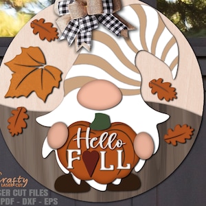 Herbst Gnom Türschild SVG - Hallo Herbst SVG - Laser Schnitt Dateien - Gnom SVG - Kürbis geschnitten - Willkommensschild - Türschild - Glowforge Datei