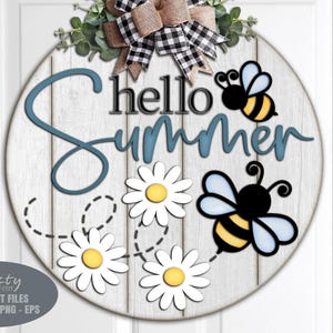 Floral Summer Door Hanger SVG - Daisy SVG - Bee Welcome Sign Svg - Laser Cut Files - Bee Svg - Hello Summer Door Sign - Glowforge Files