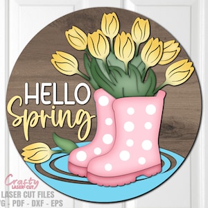 Hallo Frühling Regen Stiefel Türschild SVG - Frühling Türschild - Laser Cut Datei - Regenstiefel SVG - Tulpe zwar - Willkommensschild - Glowforge-Datei