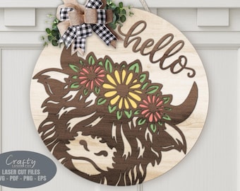 Floral Highland Cow Door Hanger SVG Laser Cut Files: Daisy Welcome Sign SVG, Glowforge