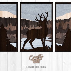 3 Piece Forest Deer Scene SVG - Glowforge Files - Laser Cut Files - Trees - Deer Silhouette - Rustic Picture Frame - Layered Laser Ready