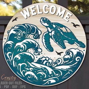 Turtle Welcome Sign SVG Laser Cut Files: Beach Door Hanger SVG, Glowforge