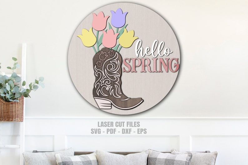Spring Cowboy Boot Door Hanger SVG: Western Welcome Sign (digital ...
