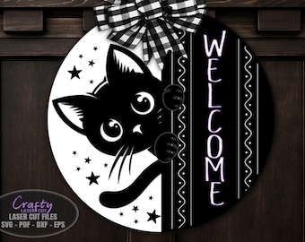 Black Cat Welcome Sign SVG Laser Cut Files: Halloween Door Hanger SVG, Glowforge