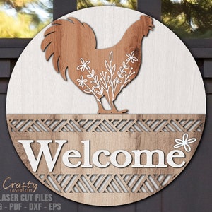 Colgador de puerta de pollo SVG - Archivos cortados con láser - Pollo SVG - SVG floral - Letrero de bienvenida Svg - Letrero floral para puerta - Decoración de cocina - Archivos Glowforge
