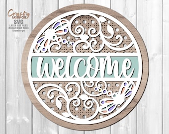 Dragonfly Door Hanger SVG - Laser Cut Files - Dragonfly SVG - Welcome Sign Svg - Rattan SVG - Summer Door Sign - Glowforge Files