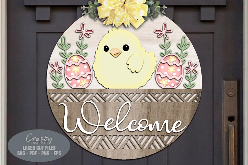 Easter Door Hanger SVG - Easter Egg - Welcome Sign SVG - Chick SVG - Laser Cut Files - Basket - Daisy - Floral Easter Sign - Glowforge Files - Easter Decor - Easter Door Sign SVG - round door hanger - Cnc files