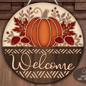 Fall Door Hanger SVG Laser Cut Files with a Thanksgiving Pumpkin Welcome Sign SVG design for Glowforge and XTool laser machines.