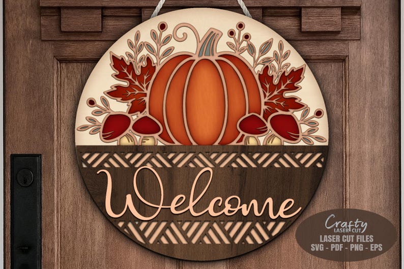 Fall Door Hanger SVG Laser Cut Files with a Thanksgiving Pumpkin Welcome Sign SVG design for Glowforge and XTool laser machines.