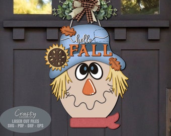 かかしのドアハンガー SVG レーザーカットファイル: Hello Fall ひまわりのウェルカムサイン SVG