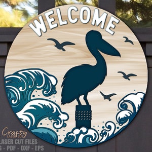 Pelican Door Hanger SVG - File tagliati al laser - Spiaggia SVG - Gabbiano SVG - Cartello di benvenuto SVG - Cartello porta spiaggia - Decorazioni costiere - File Glowforge