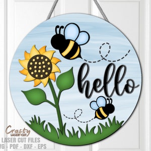 Cabide de porta de verão SVG - Girassol Svg - Arquivos cortados a laser - Bee Svg - Olá Summer Svg - Sinal de boas-vindas Svg - Sinal de porta de abelha - Arquivos Glowforge