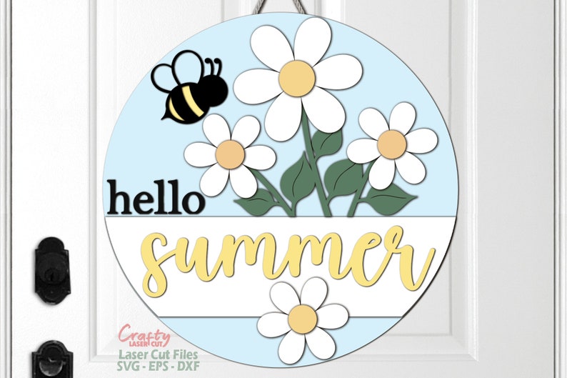 Hello Summer Door Hanger SVG Laser Cut Files: Daisy Bee Welcome Sign ...
