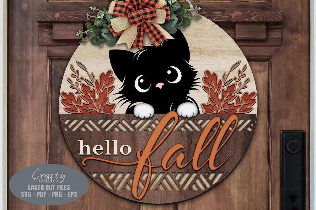 Letrero Fall Hello Fall Cat Door Hanger SVG Laser Cut Files: Welcome Sign SVG ...