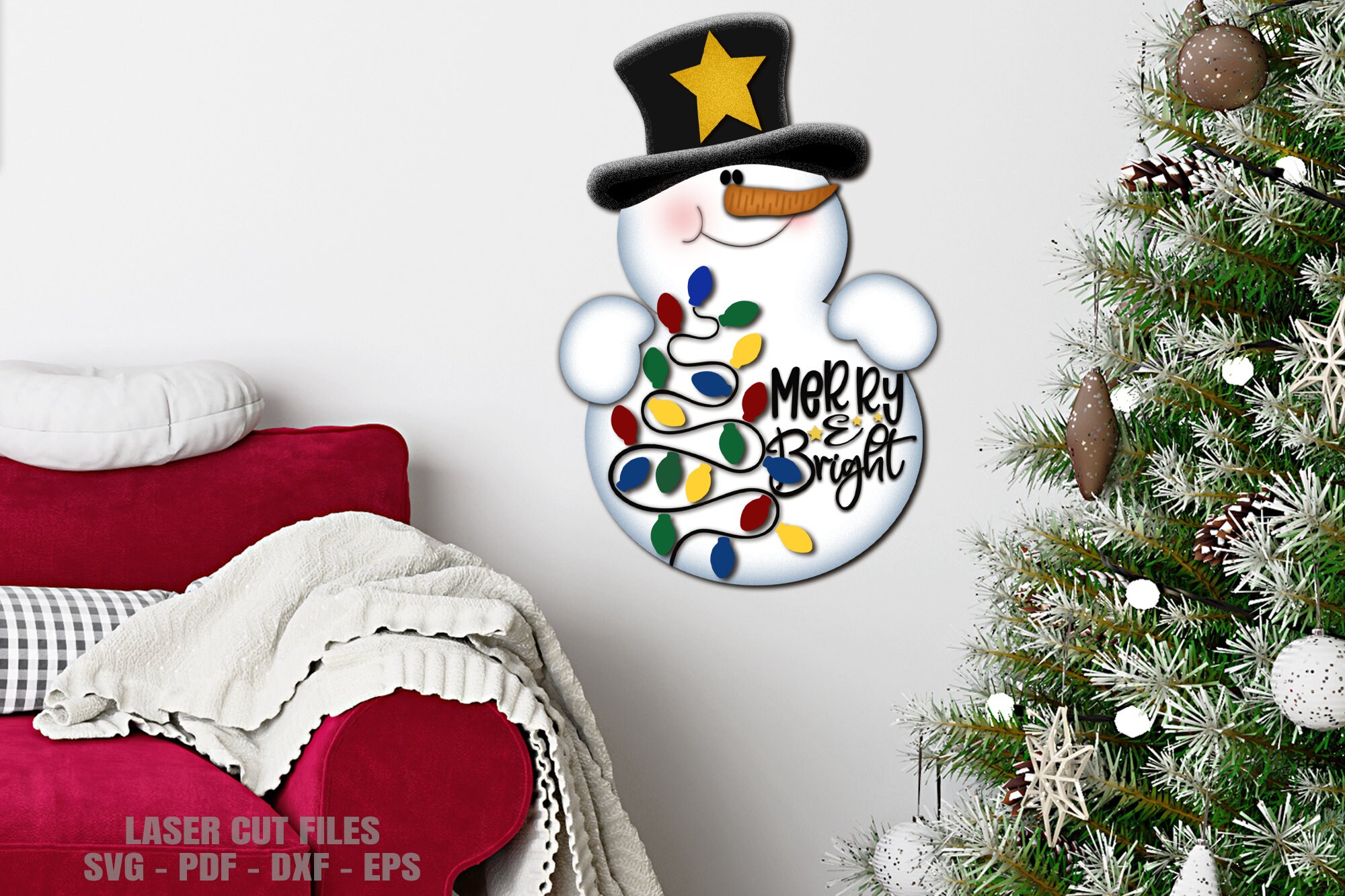 Snowman Door Hanger SVG Laser Cut Files: Christmas Lights Door Sign ...