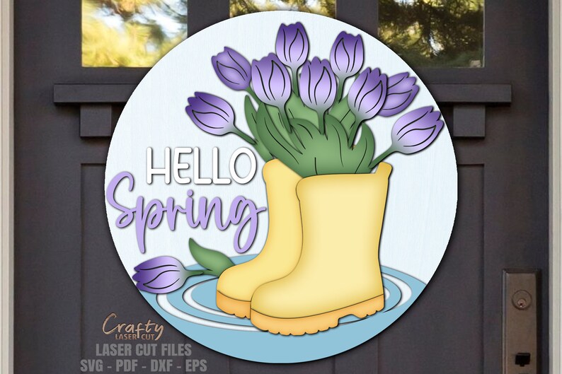 Rain Boots Door Hanger SVG - Spring Door Sign - Laser Cut File - Rain Boots SVG - Tulip Svg - Hello Spring SVG - Welcome Sign Svg - round door hanger - Glowforge File - cnc files