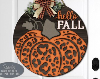 Leopard Pumpkin Door Hanger SVG Laser Cut Files: Hello Fall Welcome Sign SVG