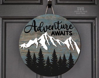Adventure Door Hanger SVG - Laser Cut File - Camping SVG - Camper Door Sign - Welcome Sign Svg - Forest Svg - Mountains Svg - Glowforge File