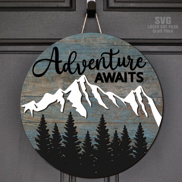 Adventure Door Hanger SVG - Laser Cut File - Camping SVG - Camper Door Sign - Welcome Sign Svg - Forest Svg - Mountains Svg - Glowforge File