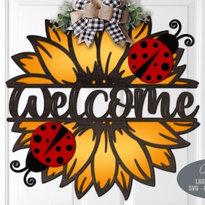 SVG appendino porta girasole - SVG cartello di benvenuto coccinella - File tagliati al laser - SVG girasole - SVG coccinella - Cartello porta floreale - File Glowforge