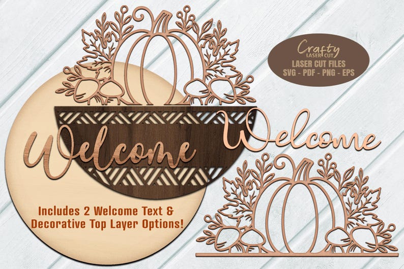 Pumpkin Sign SVG Laser Cut Files with a Thanksgiving door hanger svg design with mushroom accents for use with your laser machines.
