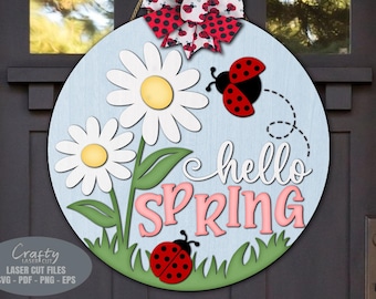 Hello Spring Door Hanger SVG Laser Cut Files: Daisy Ladybug Welcome Sign SVG