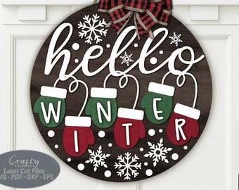 Hallo Winter Türhänger SVG Laserschnittdateien: Handschuh-Willkommensschild SVG, Glowforge