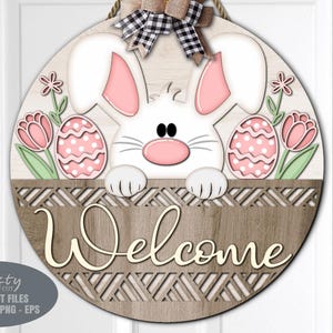 Easter Bunny Door Hanger SVG - Easter SVG - Welcome Sign SVG - Laser Cut Files - Egg Basket - Daisy - Tulip - Floral Easter Sign - Glowforge