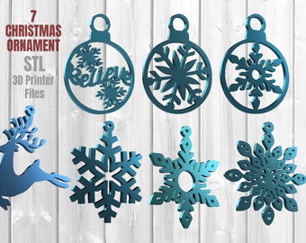 May include: Seven 3D printable Christmas ornaments. The ornaments include a reindeer, a snowflake, and five different styles of Christmas balls. The ornaments are blue and white.
