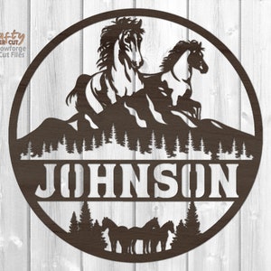 Horse Door Hanger SVG - Laser Cut Files - Horse Svg - Monogram SVG - Running Horse SVG - Front Door Sign - Mountains Svg - Glowforge Files