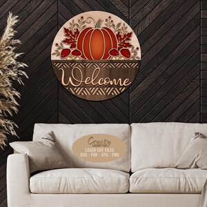 Fall Sign SVG Laser Cut Files with a Floral Basket door hanger svg design and mushroom accents for use with your laser machines.