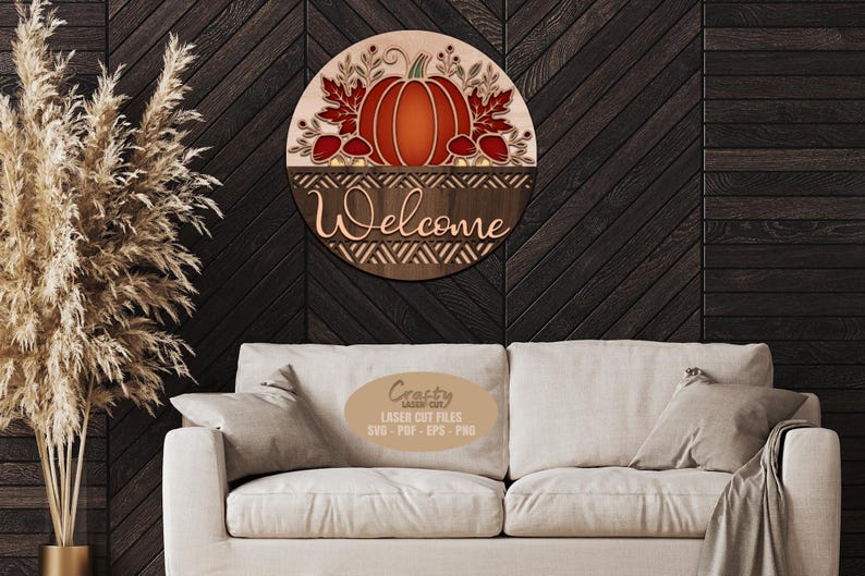Fall Sign SVG Laser Cut Files with a Floral Basket door hanger svg design and mushroom accents for use with your laser machines.