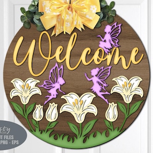 Pendente de porta de verão Fairy SVG - Fairy SVG - Placa de boas-vindas Lily SVG - Arquivos cortados a laser - Verão - Placa de porta floral - Arquivos Glowforge - Cricut