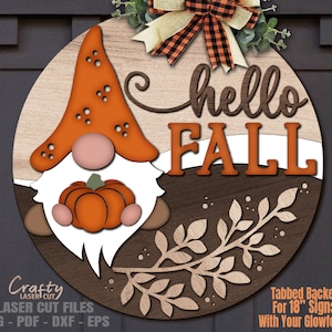 Herbst Gnom Türschild SVG - Laser geschnitten Dateien - Gnom SVG - Kürbis SVG - Hallo Herbst - Herbsttürschild - Willkommensschild - Glowforge Files