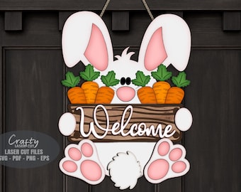 Arquivos SVG para corte a laser de coelhinho da Páscoa para pendurar na porta, placa de boas-vindas da primavera em SVG, Glowforge, Xtool