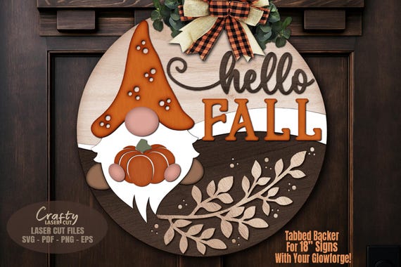 Fall Gnome Door Hanger SVG Laser Cut Files: Pumpkin Hello Fall