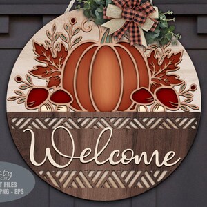 Fall door sign SVG laser cut files; a Thanksgiving door hanger svg with mushroom accents for Glowforge and XTool laser machines.