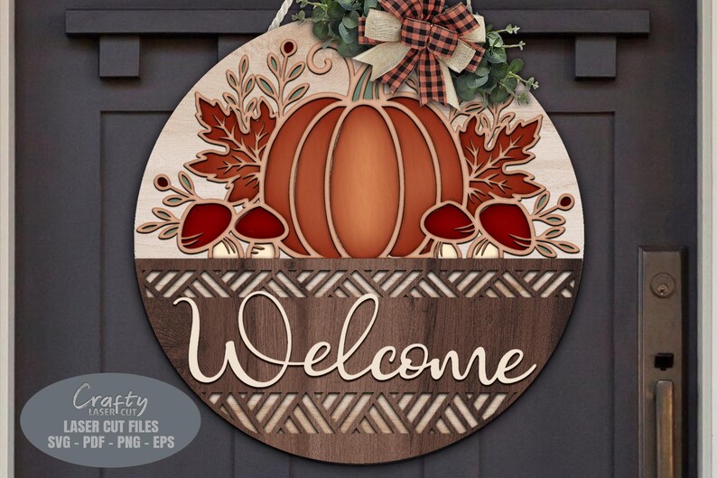 Fall door sign SVG laser cut files; a Thanksgiving door hanger svg with mushroom accents for Glowforge and XTool laser machines.