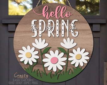 Spring Door Hanger SVG - Hello Spring SVG - Laser Cut Files - Daisy - Welcome Sign Svg - Floral Spring Sign Svg - Glowforge Files