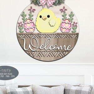 Easter Sign SVG - Door Hanger SVG - Easter Egg - Welcome Sign SVG - Chick SVG - Laser Cut Files - Basket - Daisy - Floral Easter Door Sign - Glowforge Files - Easter Decor - Easter Door Sign SVG - round door hanger - Cnc files