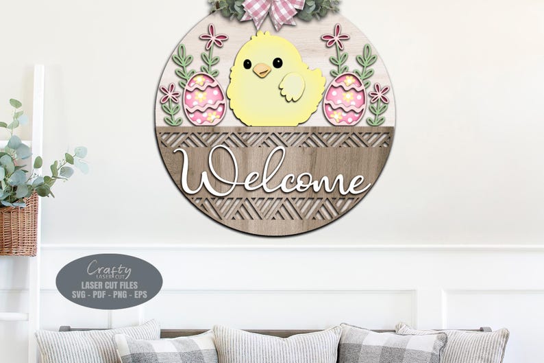 Easter Sign SVG - Door Hanger SVG - Easter Egg - Welcome Sign SVG - Chick SVG - Laser Cut Files - Basket - Daisy - Floral Easter Door Sign - Glowforge Files - Easter Decor - Easter Door Sign SVG - round door hanger - Cnc files